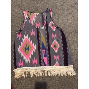 Le Lis boho Women's Aztec Print Tank Top with Fringe‎ Trim Size Medium